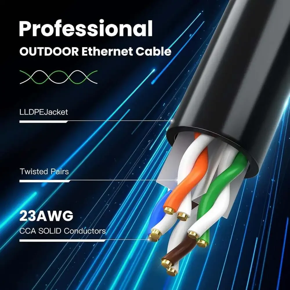 CAT6A Ethernet Cable 100 Ft Outdoor Indoor 10Gbps High Speed Weatherproof RJ45